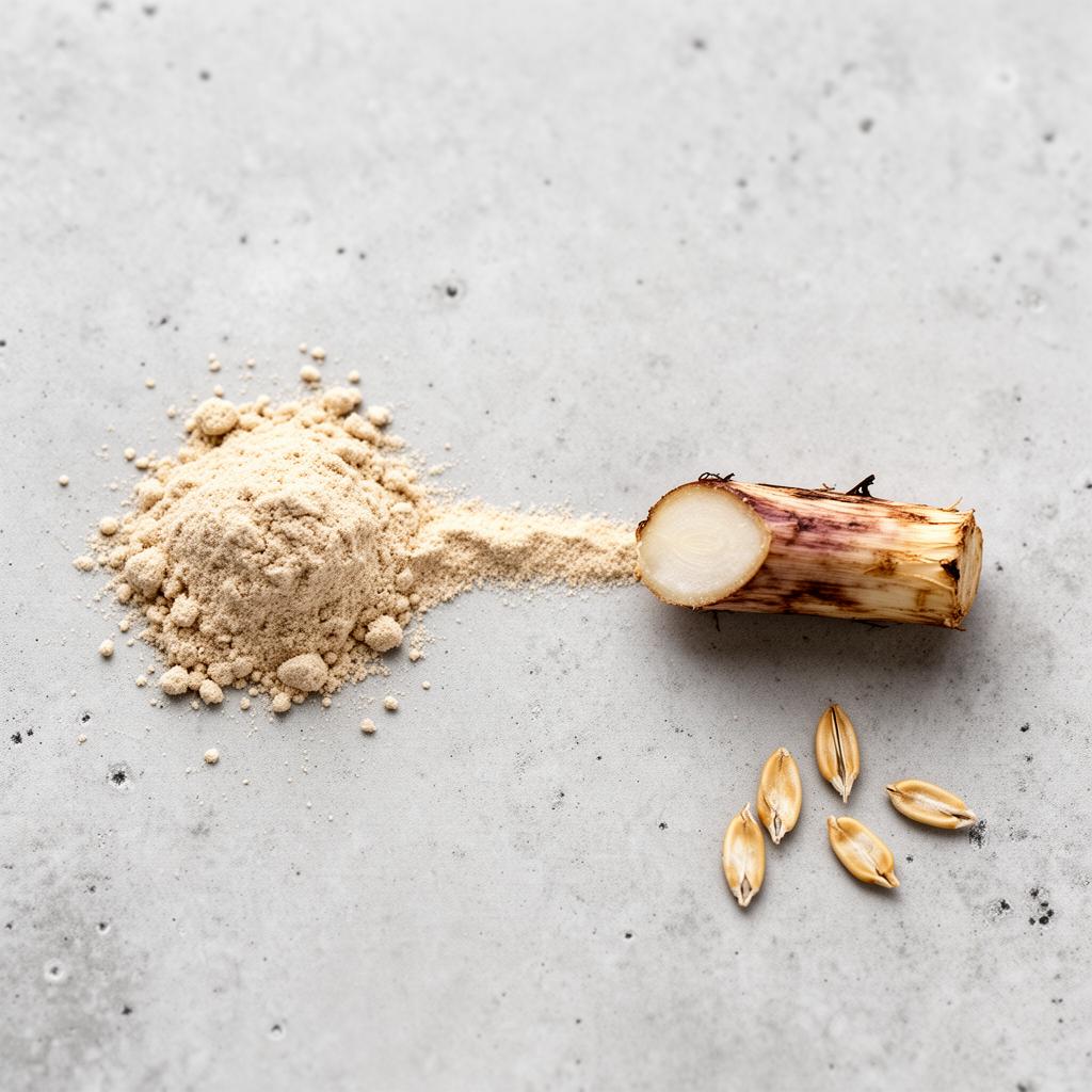 Polvo de fibra beige junto a raíz de achicoria y grano de avena sobre concreto gris