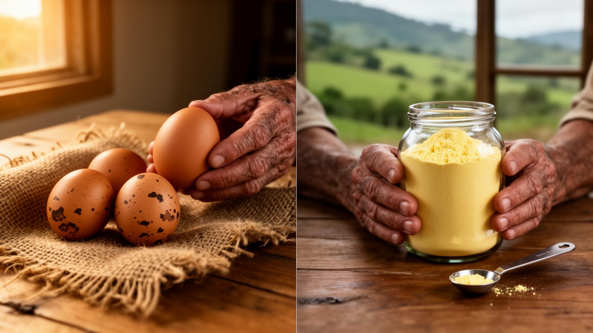 Manos de campesino sosteniendo huevos frescos y frasco con yema de huevo en polvo, paisaje colombiano de fondo