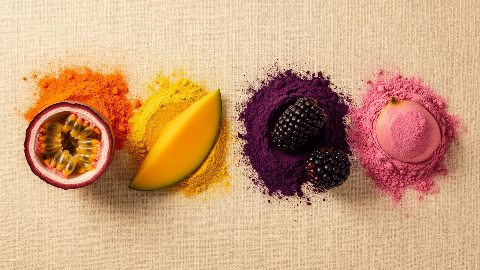 Flat-lay de frutas tropicales colombianas y sus versiones en polvo sobre lino crema