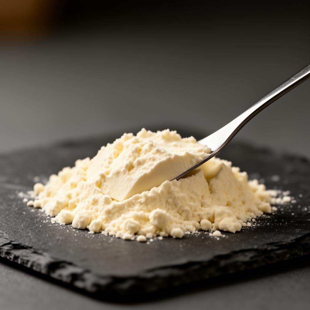 Macro de polvo de grasa color crema con espátula sobre pizarra oscura