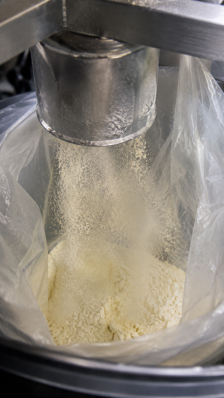 Partículas finas de polvo blanco suspendidas en luz cálida sobre bandeja de acero inoxidable